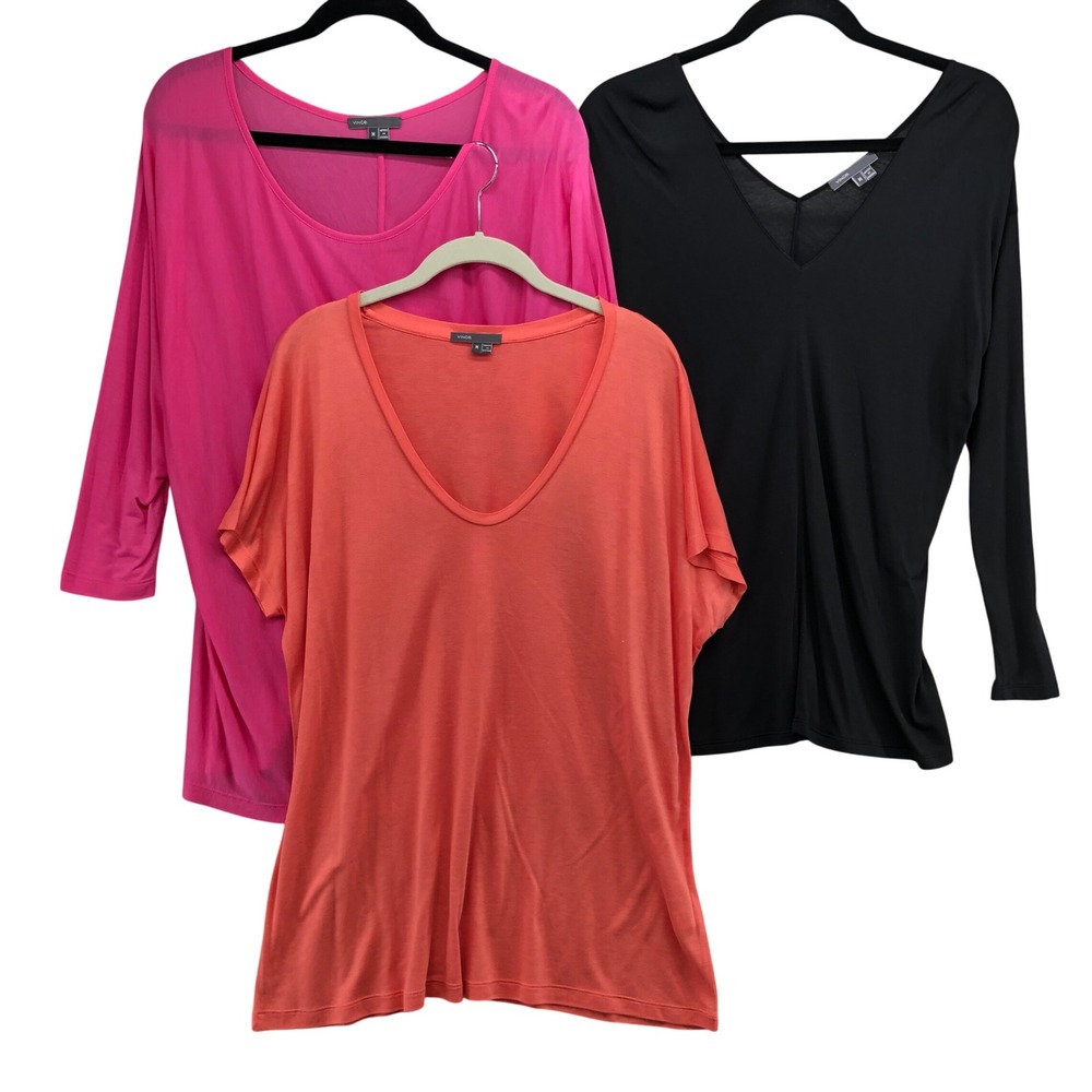 Vince V-Neck Tops Blouse Bundle Lot Womens Medium Black Coral Pink Rayon 3 Pack - Picture 1 of 10